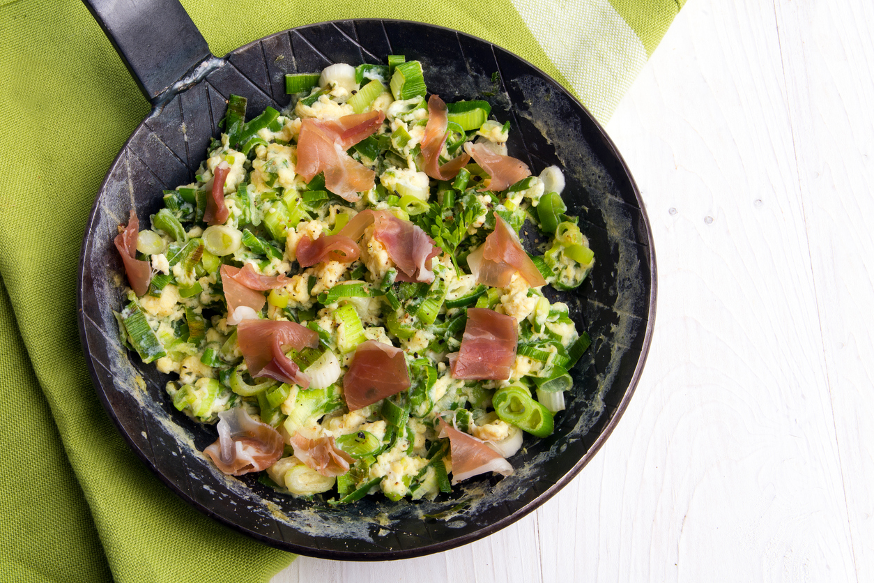 Scrambled Eggs with Green Onions and Prosciutto