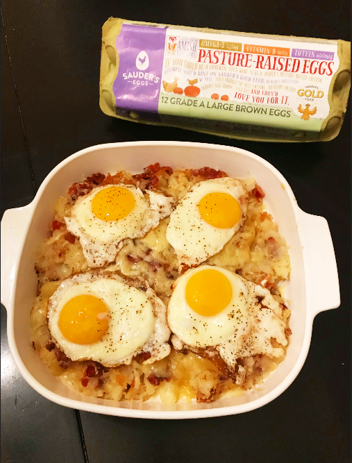 bacon and cheese rosti in a casserole dish